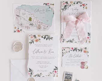 Floral Wedding Invitation Suite with Deckled Edge and Custom Wedding Map, Custom Watercolor Handmade Wedding Invitations - PUGLIA Suite -