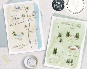 Wedding Map Invitation Template, Fully Editable DIY Wedding Map Creator Invitation Template,  +120 Watercolor Illustrations Wedding Template