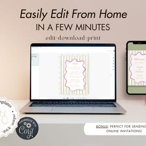 May include: A laptop and smartphone displaying wedding invitation templates. The laptop screen shows a menu design with pink and green accents. The phone displays a matching invitation. Text reads "Easily Edit From Home".