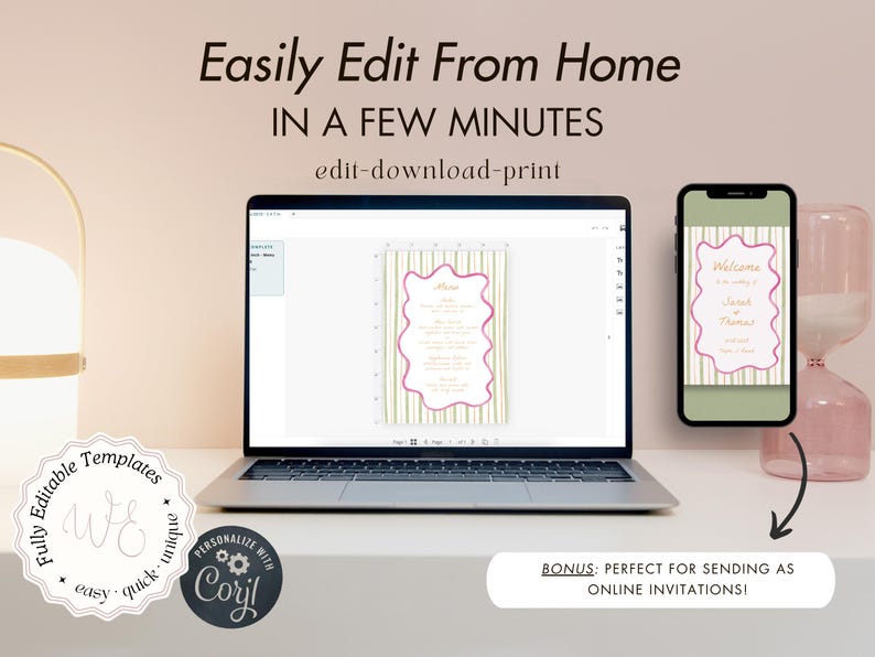 May include: A laptop and smartphone displaying wedding invitation templates. The laptop screen shows a menu design with pink and green accents. The phone displays a matching invitation. Text reads "Easily Edit From Home".