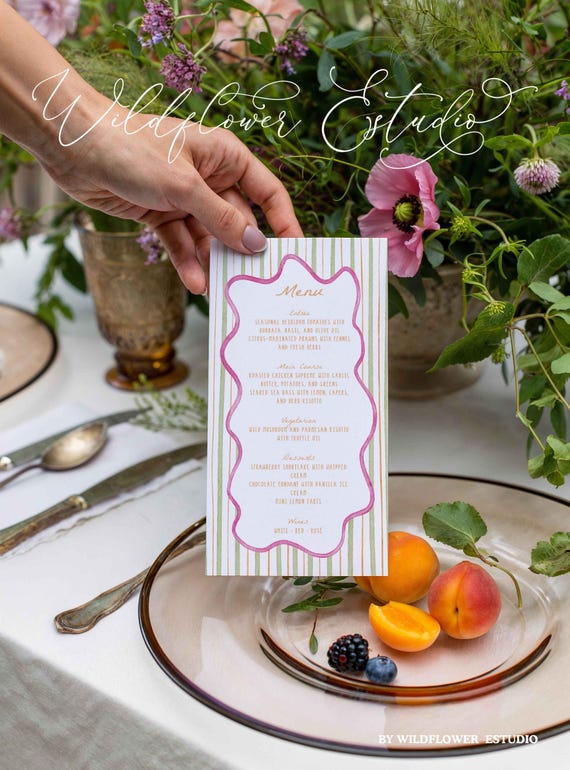 WEDDING MENU TEMPLATE: Watercolor Hand Drawn Pink and Green Stripped Whimsical Wavy Wedding Menu Sign Template, Signage Fully Editable