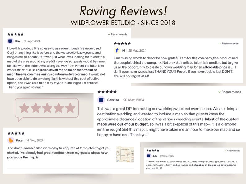 May include: A beige graphic with customer reviews. The text "Raving Reviews!" is at the top, followed by "WILDFLOWER ESTUDIO - SINCE 2018." Reviews include customer names, dates, and star ratings. The reviews discuss wedding maps and ease of use.
