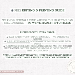 May include: A white background with green text that reads "FREE EDITING & PRINTING GUIDE". The text highlights the ease of editing templates, including a full editing guide and printing recommendations. The design is by Wildflower Estudio.