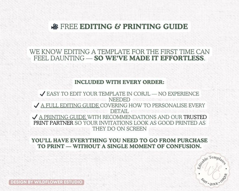May include: A white background with green text that reads "FREE EDITING & PRINTING GUIDE". The text highlights the ease of editing templates, including a full editing guide and printing recommendations. The design is by Wildflower Estudio.