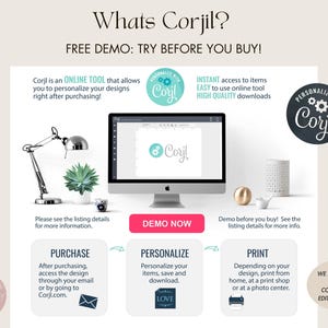 May include: Informational graphic with the text "Whats Corjil?" and "FREE DEMO: TRY BEFORE YOU BUY!". It shows how to personalize designs using Corjl, an online tool. Includes a computer, desk lamp, and decorative items.