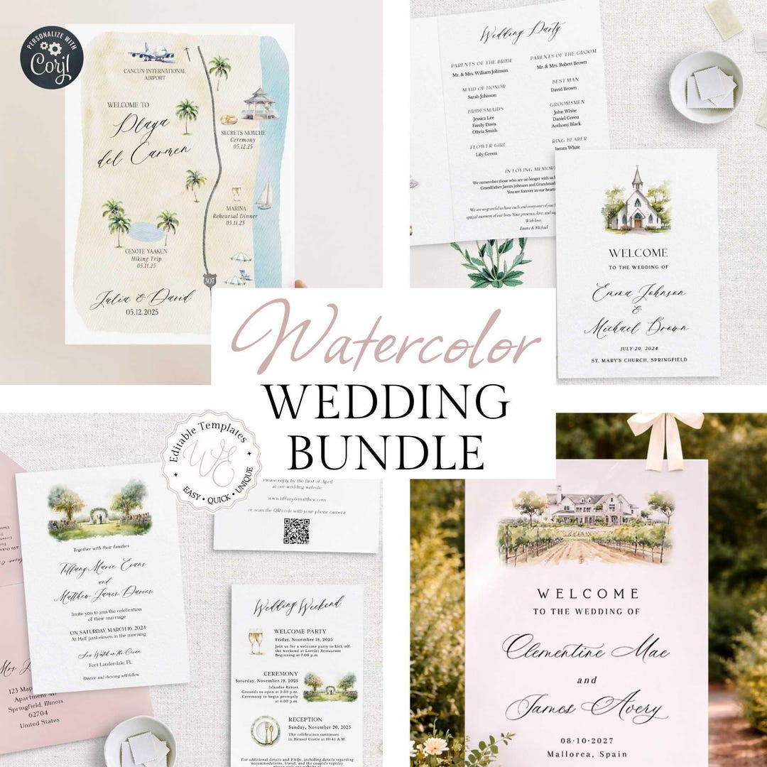 Wedding Bundle Template With MAP + Watercolor Invitation, RSVP, Welcome ...