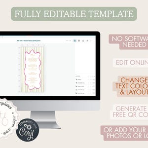 May include: A computer monitor displays a template with a pink and gold design. The text "FULLY EDITABLE TEMPLATE" is at the top. Additional text includes "NO SOFTWARE NEEDED", "EDIT ONLINE", and "CHANGE TEXT COLOR & LAYOUT". A logo is in the bottom left.