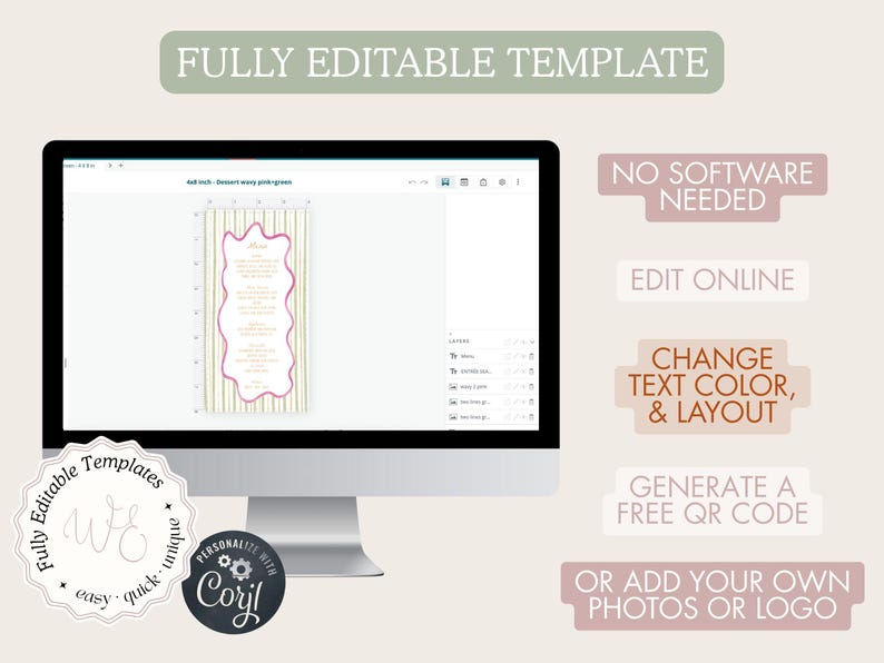 May include: A computer monitor displays a template with a pink and gold design. The text "FULLY EDITABLE TEMPLATE" is at the top. Additional text includes "NO SOFTWARE NEEDED", "EDIT ONLINE", and "CHANGE TEXT COLOR & LAYOUT". A logo is in the bottom left.