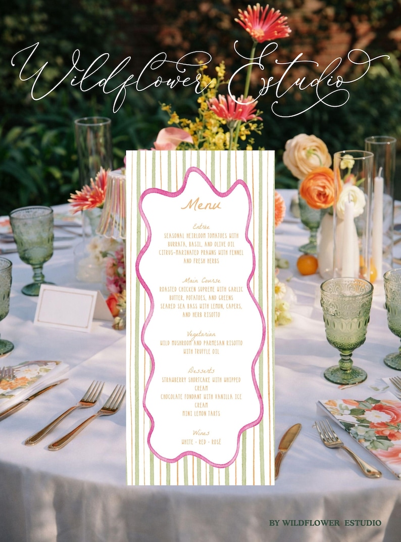 May include: A menu card with a pink wavy border and green and white striped background. The menu lists entrees, main courses, vegetarian options, desserts, and wines. The Wildflower Estudio logo is in the top left corner.