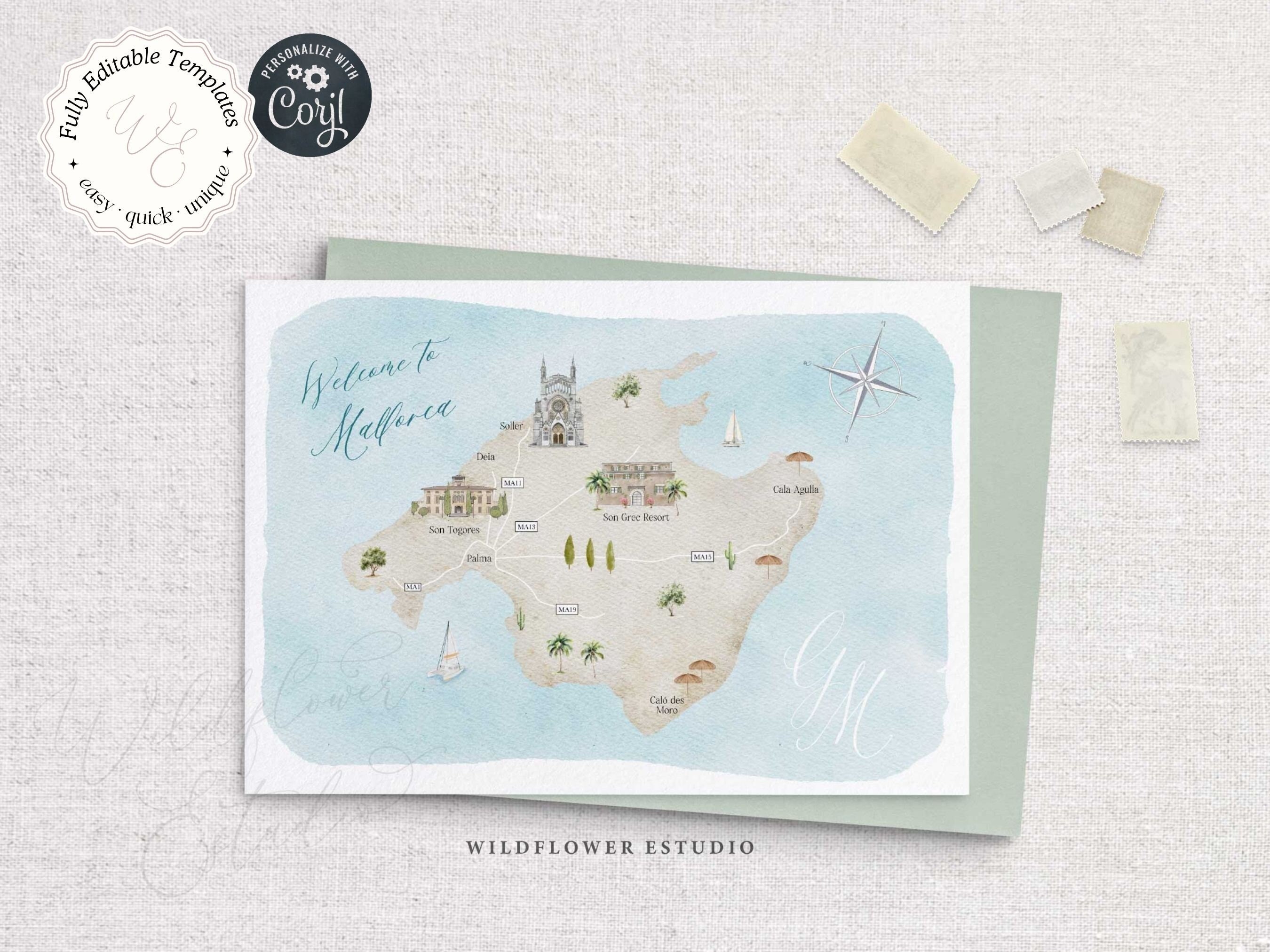 Mallorca Wedding Map Invitation Template, Fully Editable DIY Wedding Map Creator Invitation Template, +100 Watercolor Wedding Illustrations