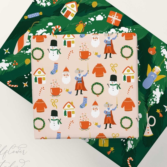 Pink and Green Christmas Wrapping Paper, Nutcracker Wrapping Paper Christmas, Gift Wrap Christmas, Ornaments Christmas Wrapping Paper Sets