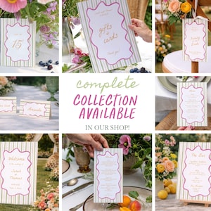 May include: A collection of wedding stationery with a striped background and a decorative pink border. The collection includes table numbers, place cards, and signs with text such as "Gifts & Cards" and "Welcome". The text "Complete Collection Available In Our Shop!" is also visible.