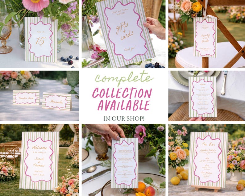 May include: A collection of wedding stationery with a striped background and a decorative pink border. The collection includes table numbers, place cards, and signs with text such as "Gifts & Cards" and "Welcome". The text "Complete Collection Available In Our Shop!" is also visible.