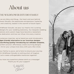 May include: Black and white image with text that reads "About us" and "The Wildflower Estudio Family". The image includes a couple standing outdoors. The text describes the company's wedding stationery services.