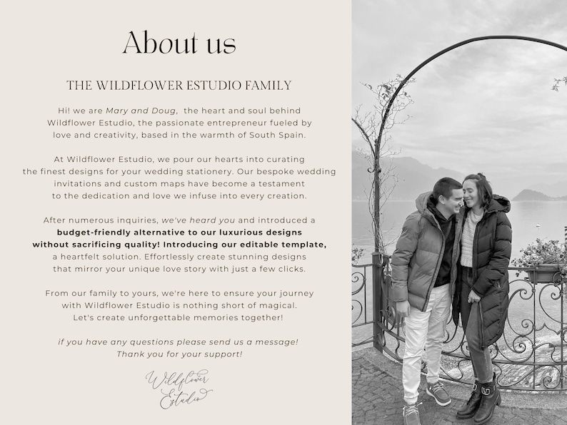 May include: Black and white image with text that reads "About us" and "The Wildflower Estudio Family". The image includes a couple standing outdoors. The text describes the company's wedding stationery services.