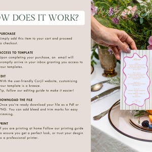 May include: A menu card with a pink and white design is held by a person's hand. The card is on a table setting with fruit and flowers. The menu card has a decorative border and text. The background includes text that says "How Does It Work?"