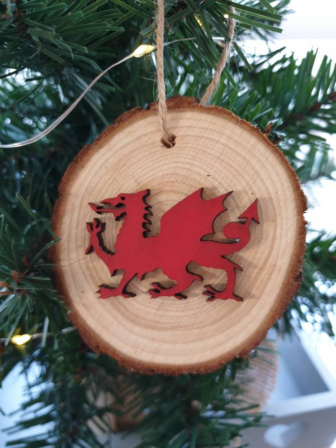 Red Welsh Dragon wood log tree slice hanging Christmas tree Etsy