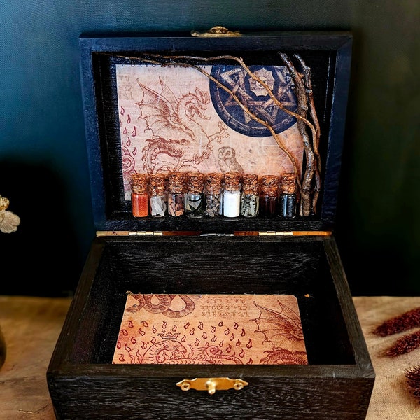 Alchemy Shadow Box with Mini Apothecary - Secret Spell, Wish, Altar, Ritual Box - Vintage Gothic Art Owl & Dragon