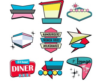 1950s Diner, Motel, and Lounge Signs SVG Bundle - 20 Fully Editable Designs - Retro Clipart and Cut Files