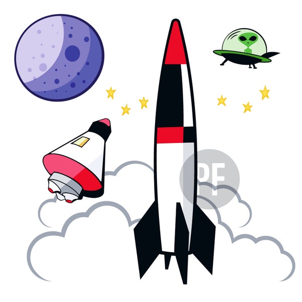 1950s Rocket, Landing Capsule, UFO & Moon SVG - Mid Century Clipart - Fully Editable for Print and Cut Projects