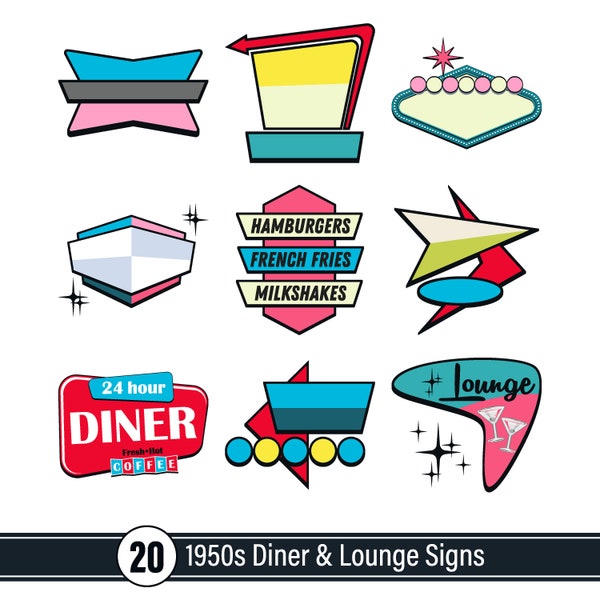 1950s Diner, Motel, and Lounge Signs SVG Bundle - 20 Fully Editable Designs - Retro Clipart and Cut Files