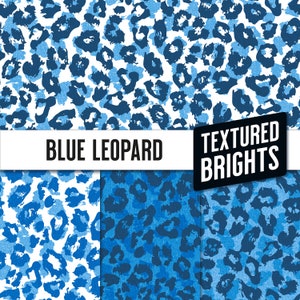 May include: A seamless pattern featuring a blue leopard print with a textured effect. The pattern is repeated across three squares, with the text "BLUE LEOPARD" and "TEXTURED BRIGHTS" at the top.