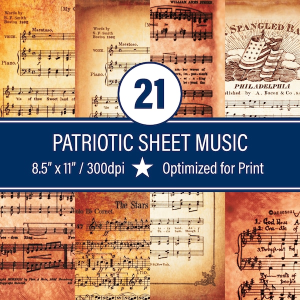 Patriotic Sheet Music - Tea Stained Collection - American Songs Digital Paper Bundle