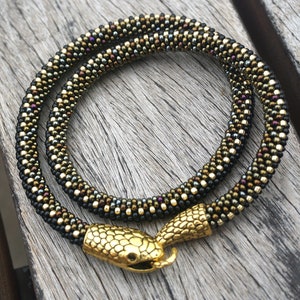 Snake necklace beaded brown gold python /