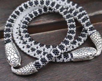 silver snake necklace / ouroboros women jewelry / Animal necklace /   crochet necklace