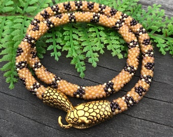 Beaded Snake Bracelet: Gold Serpent Jewelry, Czech Beads