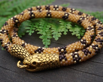 Golden snake necklace / ouroboros women jewelry / Animal necklace /   crochet necklace