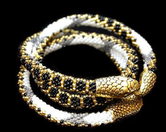 Beaded Snake Bracelet: Gold Serpent Choker, Czech Beads Jewelry