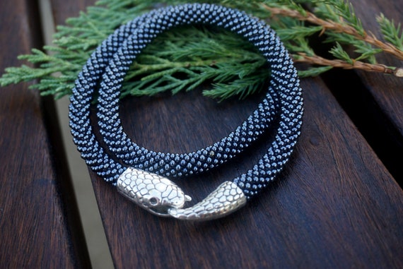 Black Snake Bracelet: Gothic Czech Bead Serpent Jewelry