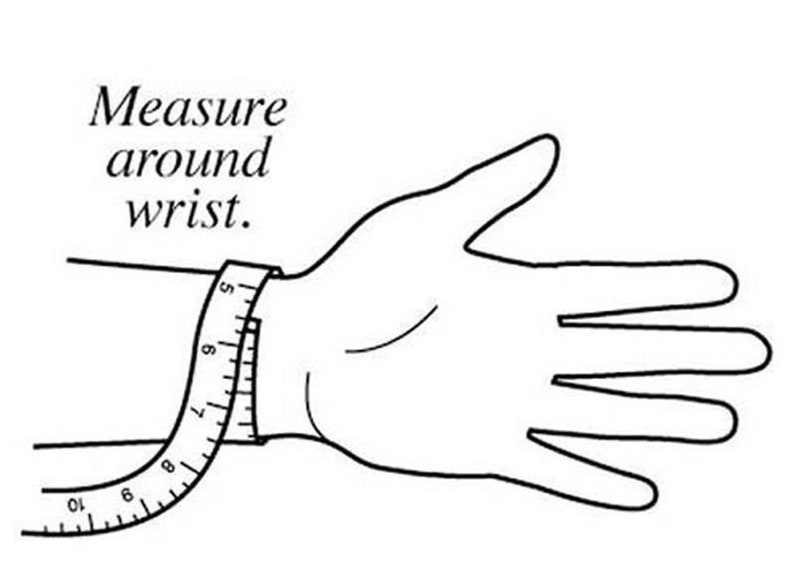 Może przedstawiać: Czarno-biały rysunek dłoni z taśmą mierniczą owiniętą wok&oacute;ł nadgarstka. Tekst "Measure around wrist." znajduje się nad dłonią.