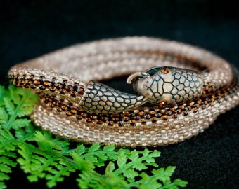 Snake necklace beaded brown gold python /