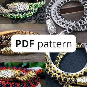 May include: Four beaded snake necklaces with silver snake head clasps. The necklaces are in green, black and white, gold and black, and red and black.