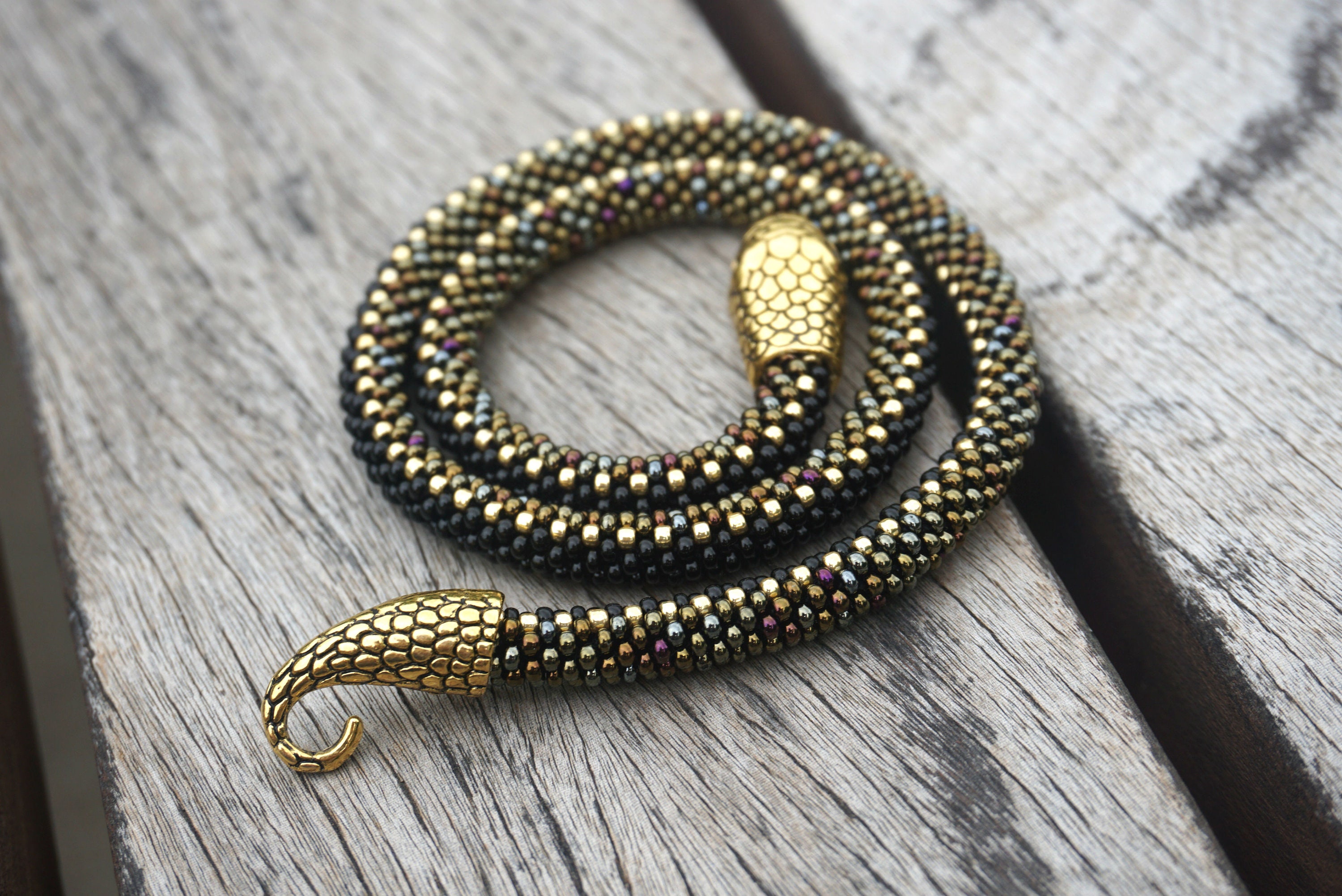 Snake Necklace Beaded Brown Gold Python / - Etsy