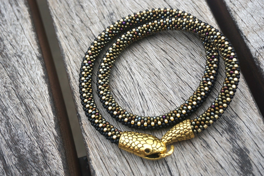 Snake Necklace Beaded Brown Gold Python / - Etsy