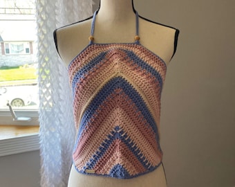 Pink, Blue, and Beige Crochet Halter Top