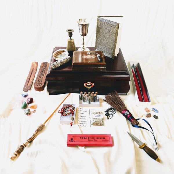 PREMIUM Witch Altar Kit - Over 50 Antique and Handmade pieces - Stones Crystals Herbs Jewelry Tools in a Lockable Antique Chest
