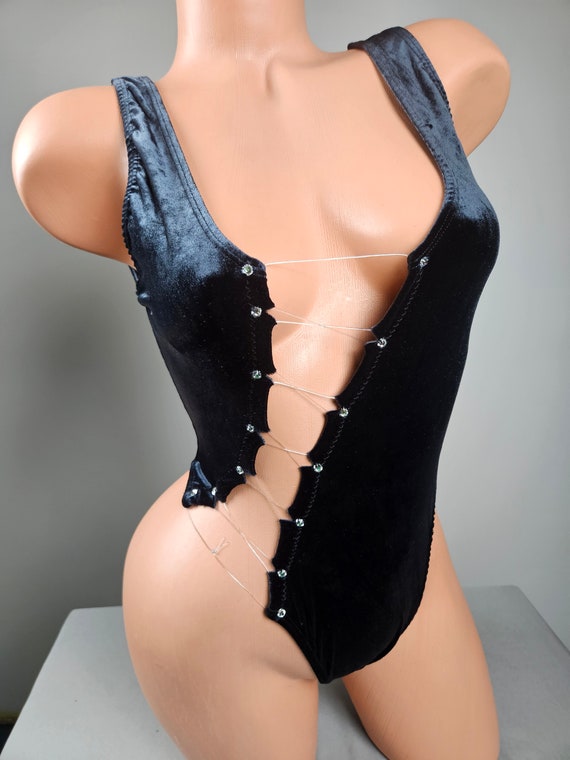 Stripper Exotic Dancer Lace Up Black Velvet Thong Back Romper