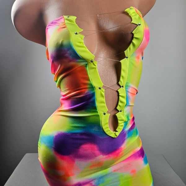 Stripper Exotic Dancer Strapless Tie Dye Lace Up Mini Dress