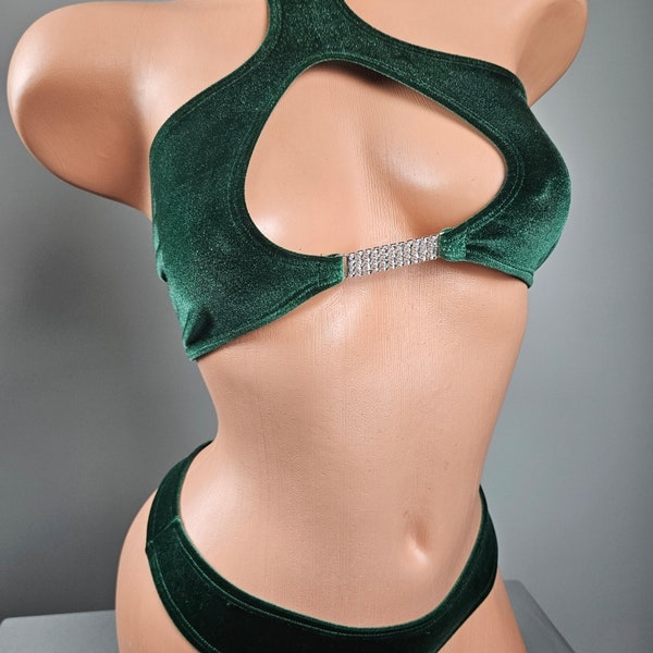 Stripper Exotic Dancer Velvet Thong Bikini Outfit w/ Keyhole Top