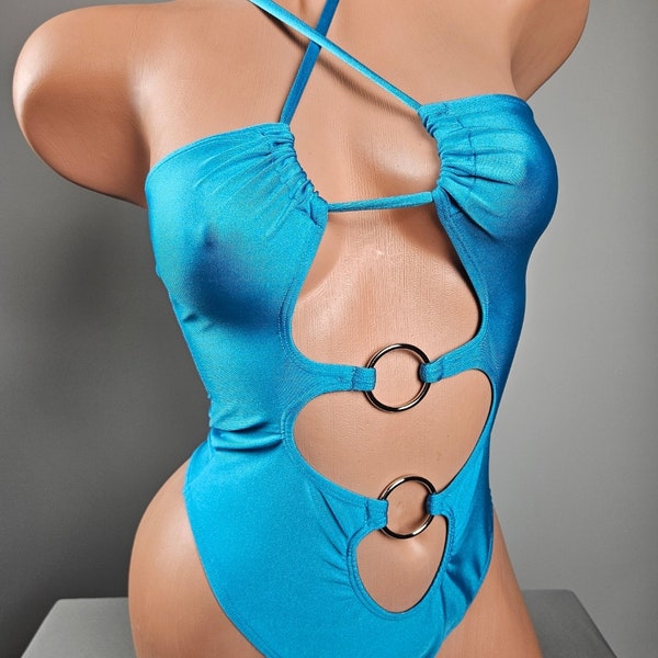 Stripper Exotic Dancer Turquoise Blue Cut Out Romper Monokini One Piece Outfit