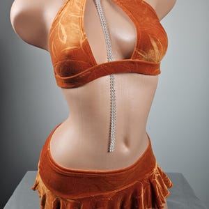 Stripper Exotic Dancer Velvet Keyhole Top Ruffle Skirt Set Outfit