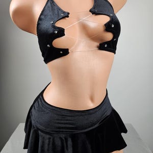 Stripper Exotic Dancer Black Velvet Ruffle Skirt Set Outfit