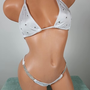 Stripper Exotic Dancer White Rhinestone Thong Bikini Outfit