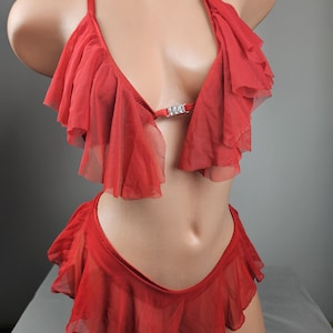Stripper Exotic Dancer Red Mesh Ruffle Thong Bikini Outfit