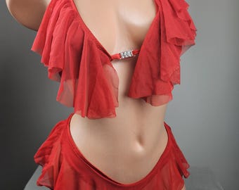 Stripper Exotic Dancer Red Mesh Ruffle Thong Bikini Outfit