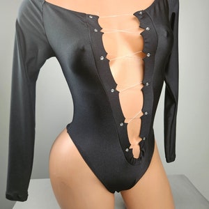 Stripper Exotic Dancer Black Lace Up Long Sleeve Monokini Romper One Piece Outfit